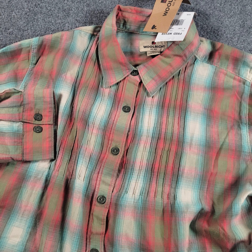 Woolrich Long Shirt Womens XL Multi Color Plaid Pleated Front Waist Tie